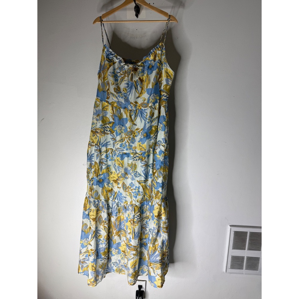 Faherty Women Blue Yellow Floral Cotton Silk Tiered Maxi Dress Large Boho Pocket